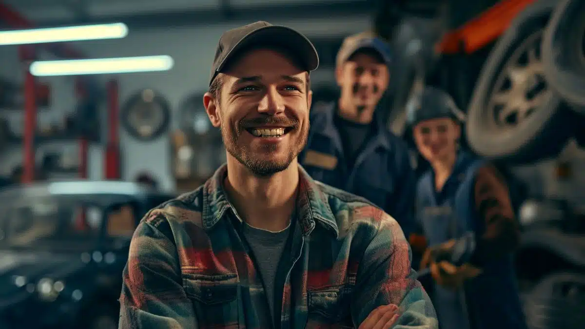 Group of car mechanics smiling and working together in a budgetfriendly garage