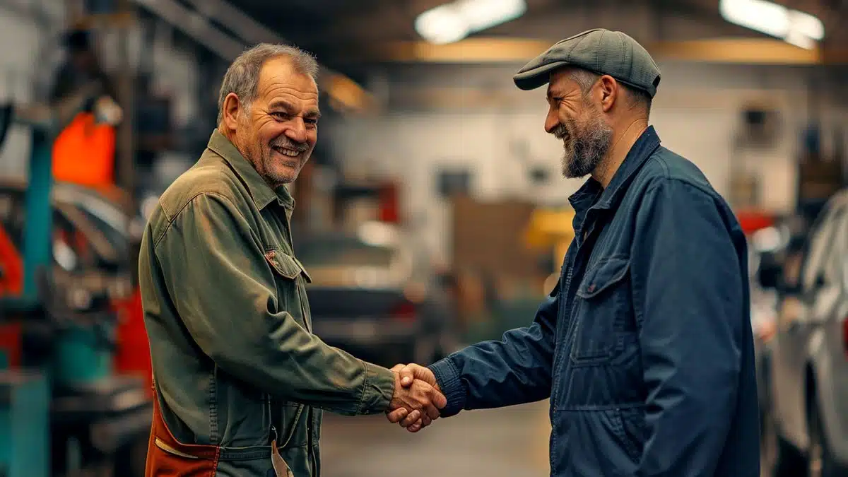 A smiling customer shaking hands with a mechanic at a budgetfriendly Dijon garage.
