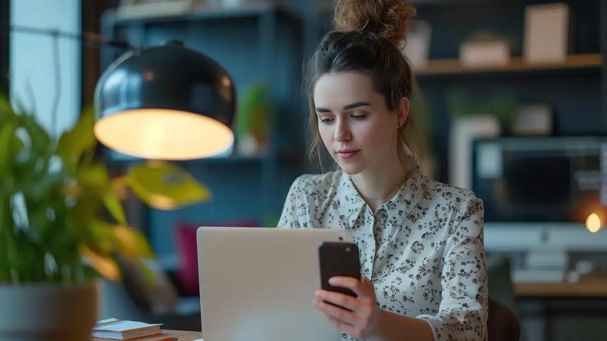 Businesswoman sending text messages from her desktop with a messenger app.