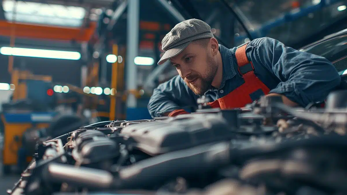 Closeup of mechanic overlooking a car engine with a smile.