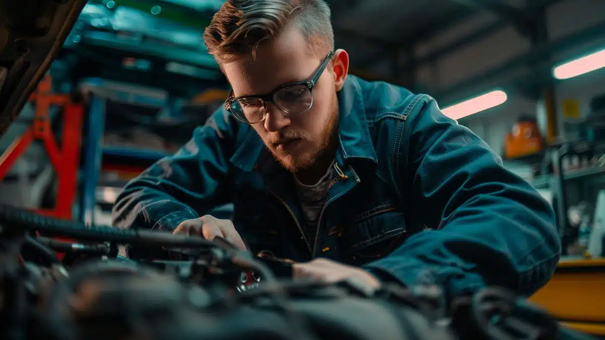 Mechanic offering costsaving tricks while examining car’s engine at the garage