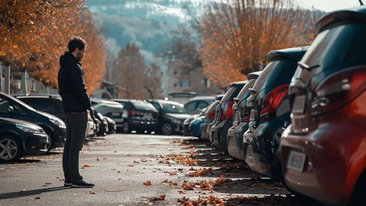 A bargain hunter examining cars in front of a reputable garage in Grenoble