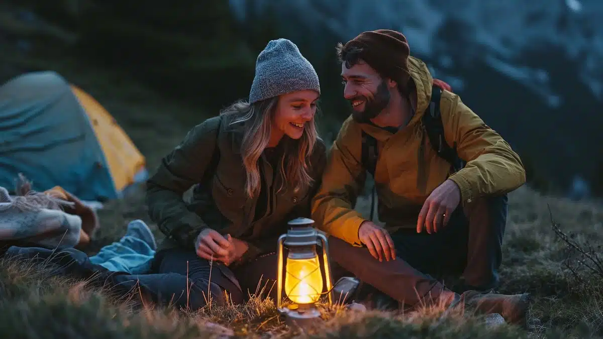Happy couple camping in the mountains with their Beem Battery lantern.