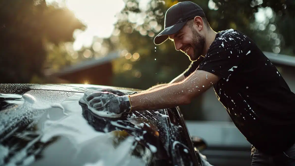 Car owner smiling while cleaning his car with homemade products