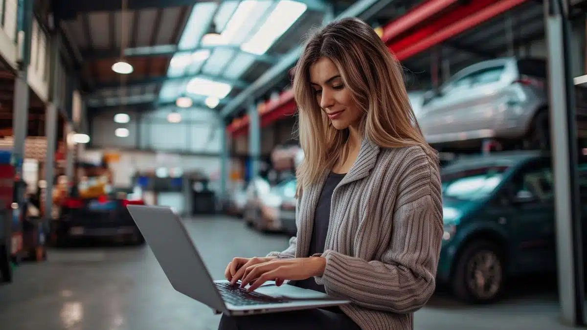 Woman with laptop comparing prices of garages online