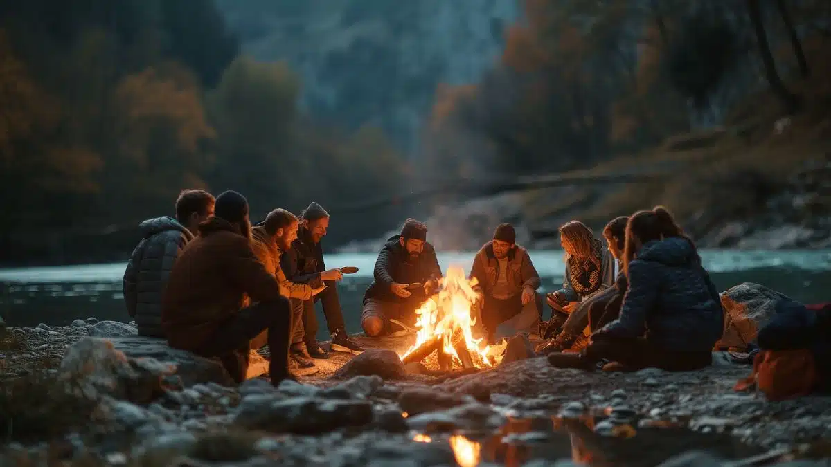 Group of friends gathered around a campfire, engaged in lively discussion and sharing stories.