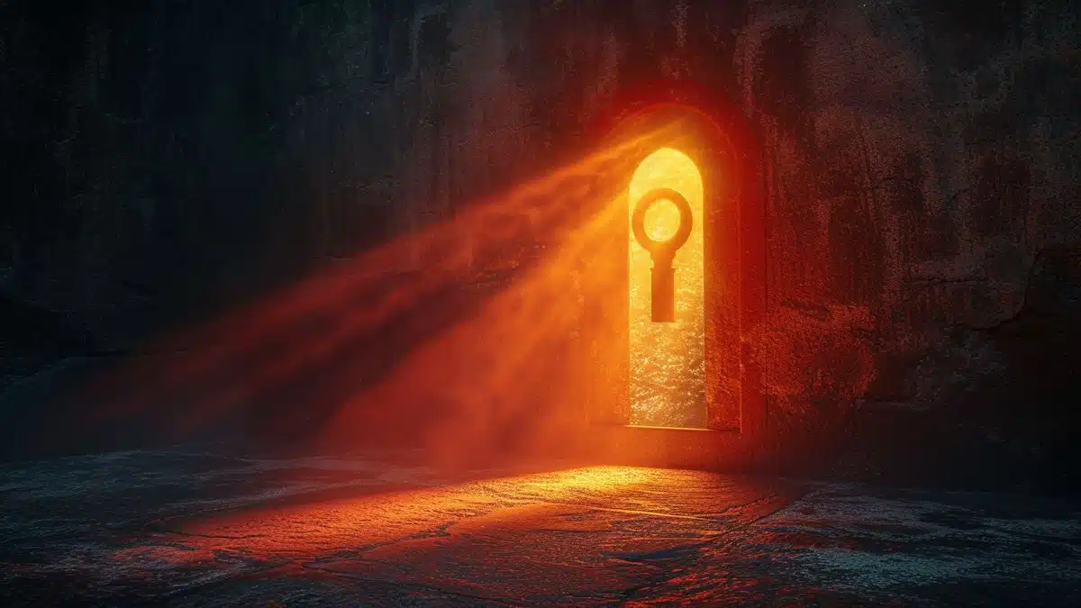 Rays of light streaming through a keyhole, creating an enigmatic aura