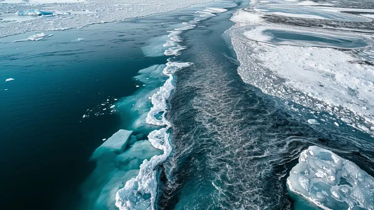 Aerial view of melting polar ice caps and coastal flooding