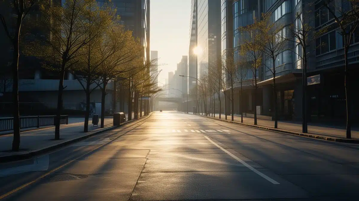 Empty city streets bathed in sunlight with no vehicles in sight.