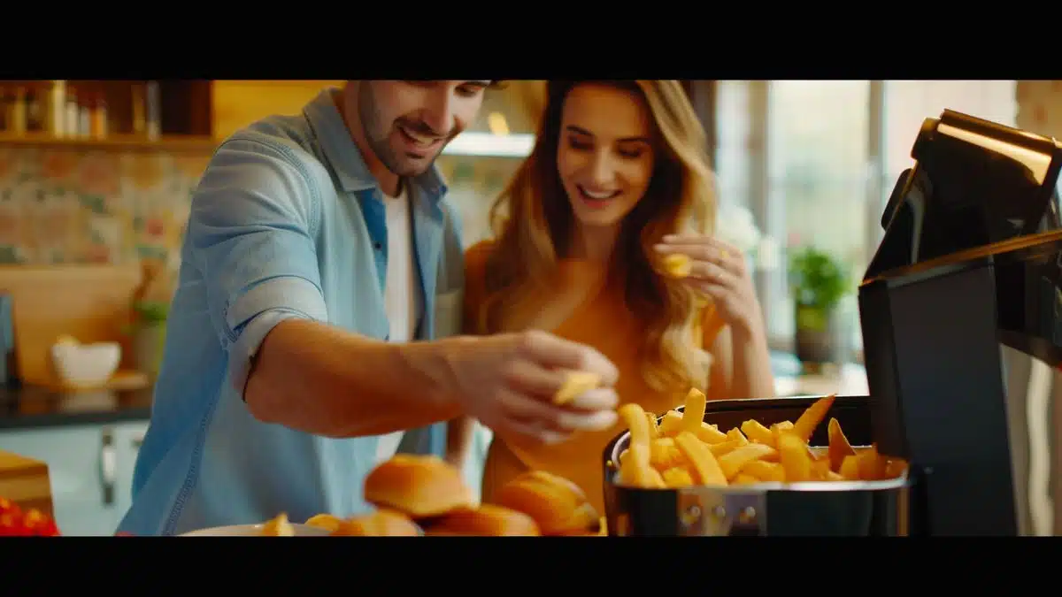 Happy couple eagerly checking the crispy goldencooked fries in the oilfree fryer