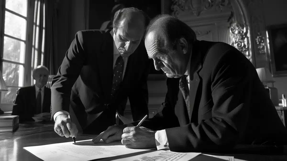 JeanPierre Soisson signing an important political agreement with Mitterrand.