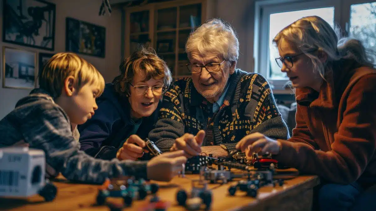 People of various generations bonding over a fun and educational DIY activity.