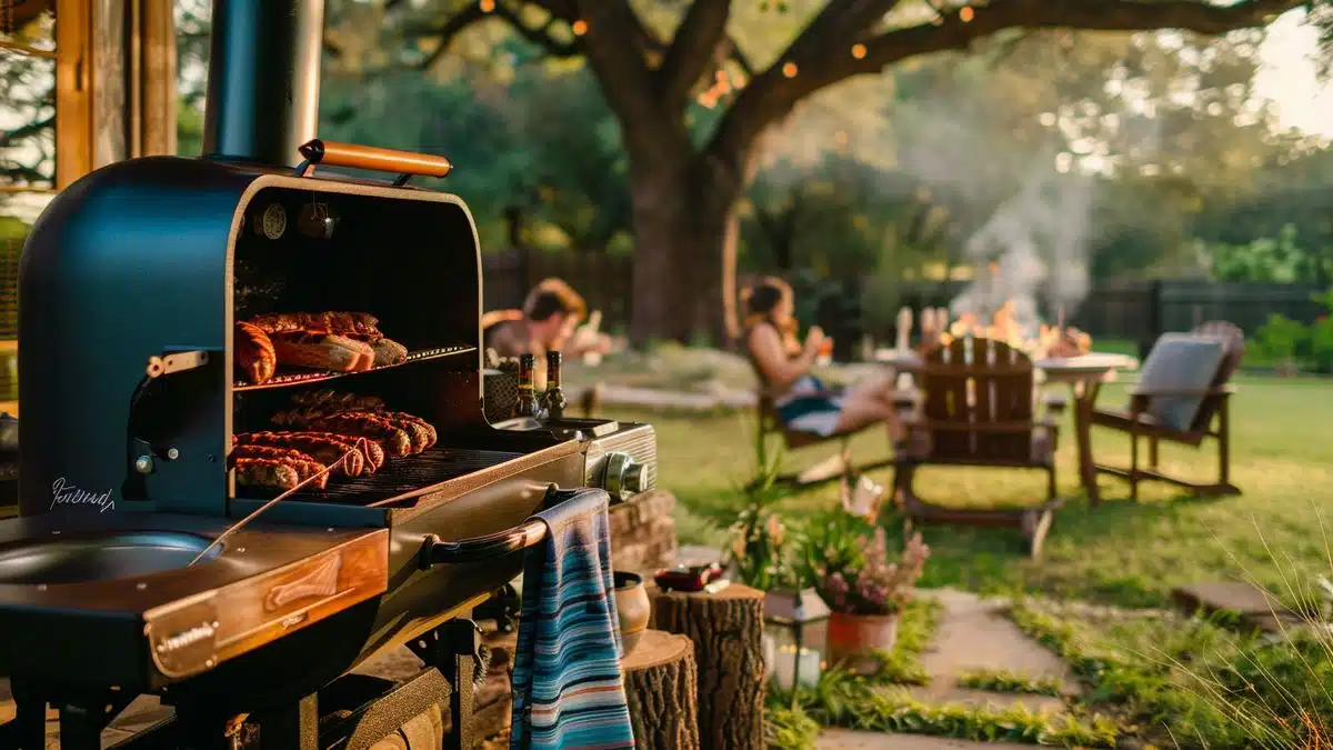 Family enjoying a backyard barbecue with a pellet grill in Texas.