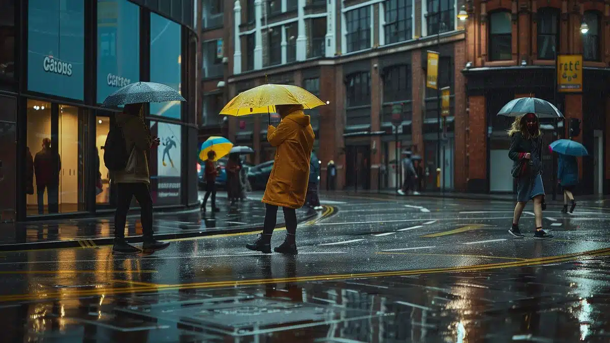 People walking with umbrellas in the streets of Manchester under rain