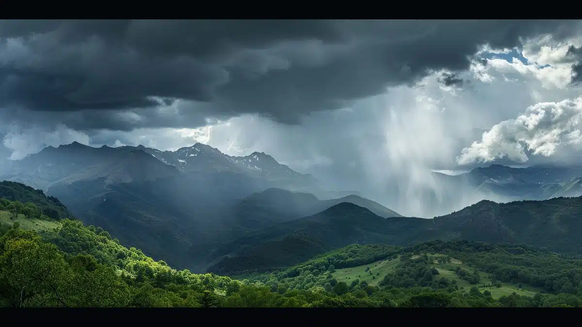 Storm clouds gathering over the Pyrenees mountains in PyrénéesAtlantiques.