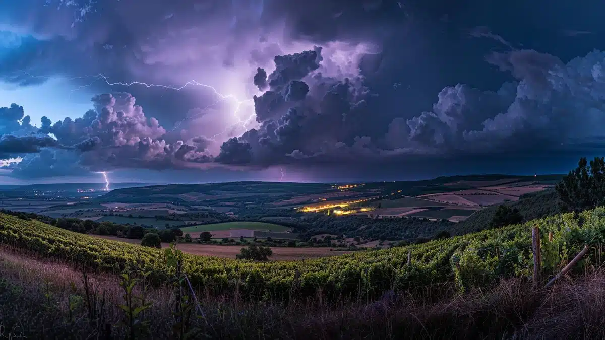 Lightning striking the countryside in Bourgogne during a severe thunderstorm.