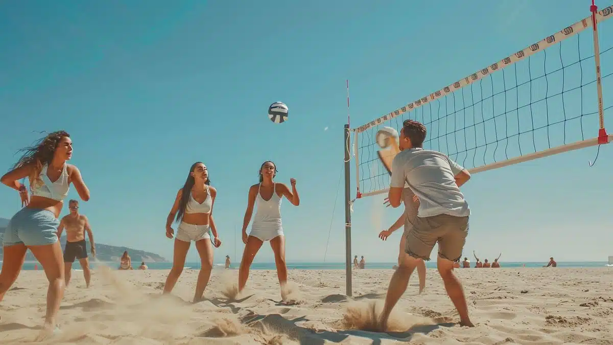 Group of friends playing beach volleyball wearing lightcolored clothing.